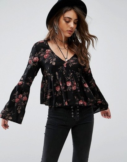 Denim & Supply By Ralph Lauren Floral Print Top With Bell Sleeve in Black. Boho tops | bohemian fashion - flipped