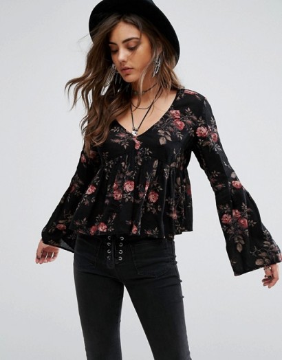 Denim & Supply By Ralph Lauren Floral Print Top With Bell Sleeve in Black. Boho tops | bohemian fashion