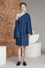 Solace London Dionne Dress Blue Denim. One shoulder dresses | wide sleeve | designer fashion