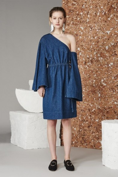 Solace London Dionne Dress Blue Denim. One shoulder dresses | wide sleeve | designer fashion - flipped