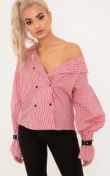 DIVYA RED GINGHAM CHECK CUFF SLEEVE OFF SHOULDER SHIRT ~ affordable on trend fashion ~ women’s summer shirts