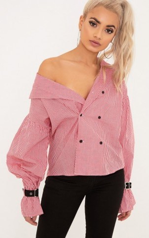 DIVYA RED GINGHAM CHECK CUFF SLEEVE OFF SHOULDER SHIRT ~ affordable on trend fashion ~ women’s summer shirts - flipped
