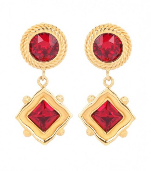 DOLCE & GABBANA Crystal-embellished clip-on earrings ~ statement jewellery ~ red crystals ~ designer gold tone jewelry - flipped