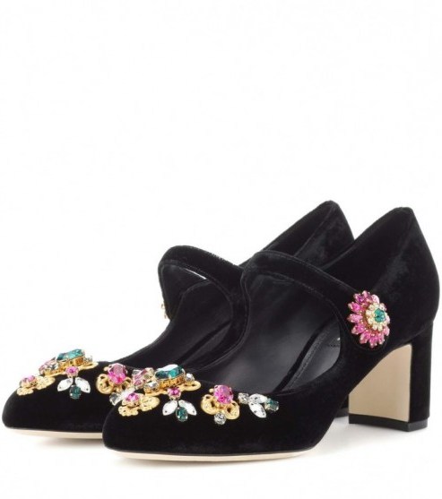 DOLCE & GABBANA Crystal-embellished Mary Jane pumps ~ black velvet jewelled Mary Janes ~ statement shoes ~ luxe crystal embellishments ~ mid heel - flipped