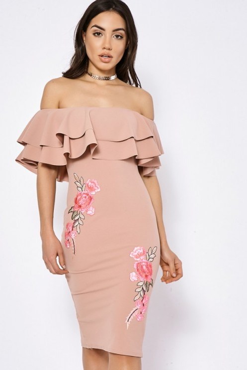 ELIOTTE PINK FLORAL APPLIQUE FRILL BARDOT DRESS ~ off the shoulder bodycon dresses ~ going out fashion - flipped