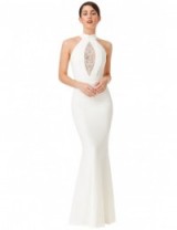 GODDIVA Embellished High Neck Maxi Wedding Dress in White ~ keyhole back wedding dresses ~ affordable bridal gowns ~ elegant ~ fitted