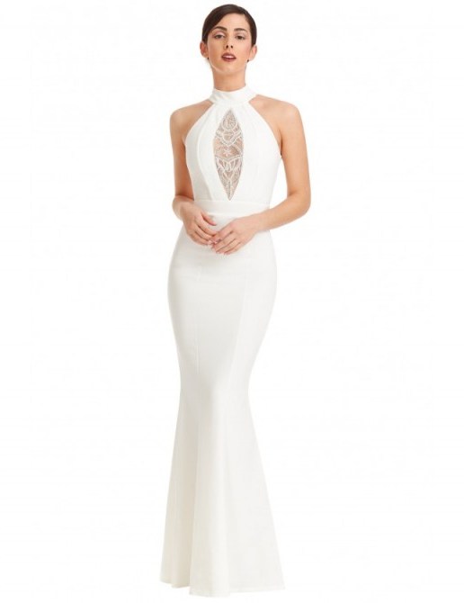 GODDIVA Embellished High Neck Maxi Wedding Dress in White ~ keyhole back wedding dresses ~ affordable bridal gowns ~ elegant ~ fitted - flipped