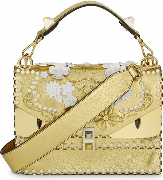 FENDI Kani I Special Gold metallic leather shoulder bag – luxe top handle bags – luxury handbags – floral applique embellished shoulder bags - flipped
