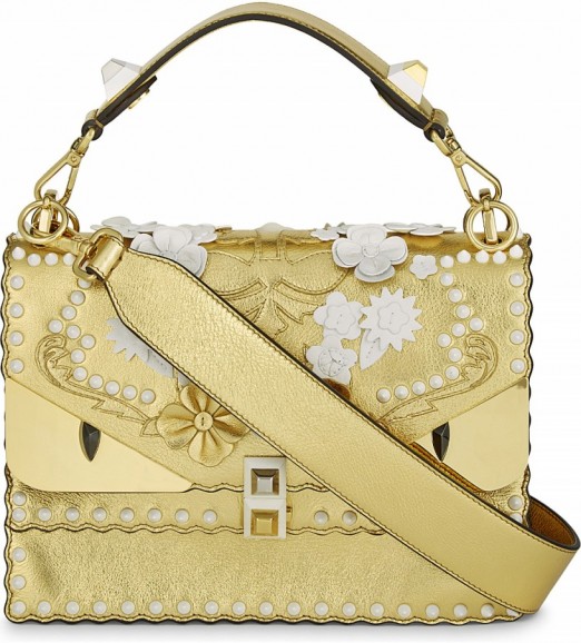 FENDI Kani I Special Gold metallic leather shoulder bag – luxe top handle bags – luxury handbags – floral applique embellished shoulder bags