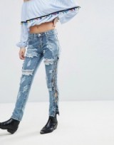 Glamorous Relaxed Boyfriend Jeans With Distressing in Blue Denim. Destroyed | side lace up | casual fashion | ripped