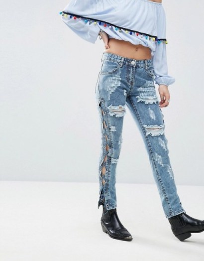 Glamorous Relaxed Boyfriend Jeans With Distressing in Blue Denim. Destroyed | side lace up | casual fashion | ripped - flipped