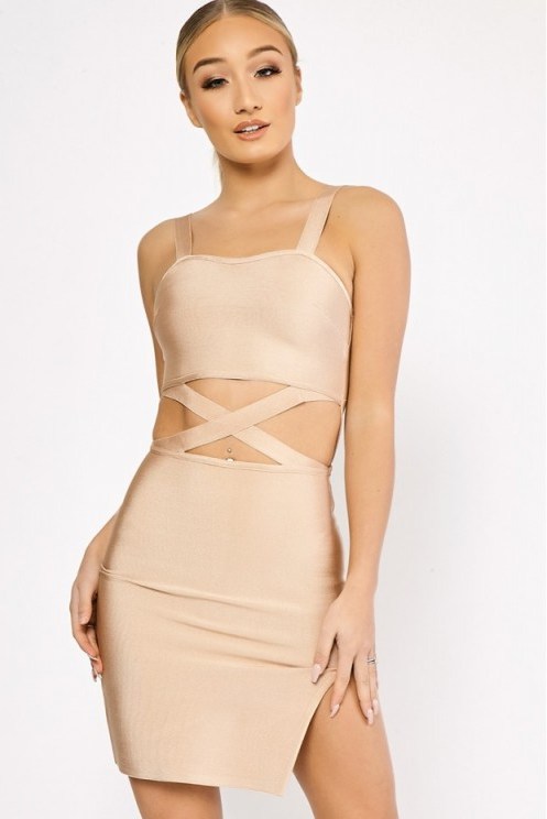 GRAZIELLA CAMEL CUT OUT WAIST BANDAGE DRESS ~ bodycon dresses ~ going out fashion ~ party - flipped