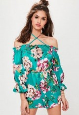 missguided green floral print cross strap bardot silky playsuit ~ off the shoulder summer playsuits