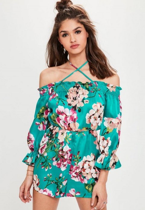 missguided green floral print cross strap bardot silky playsuit ~ off the shoulder summer playsuits - flipped