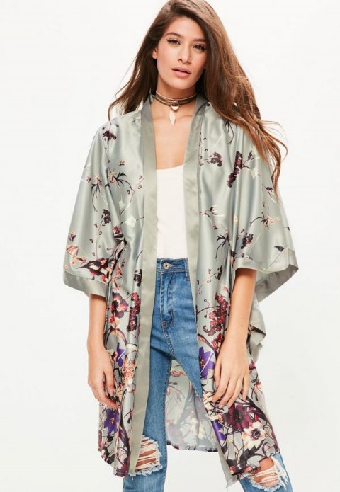 MISSGUIDED grey oriental printed kimono sleeve duster jacket. Long lightweight coats | silky jackets | kimonos