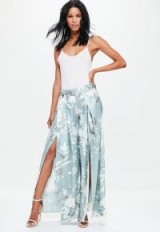 Missguided grey satin floral print split front wide leg trousers – floaty summer pants – luxe for less – silky fashion