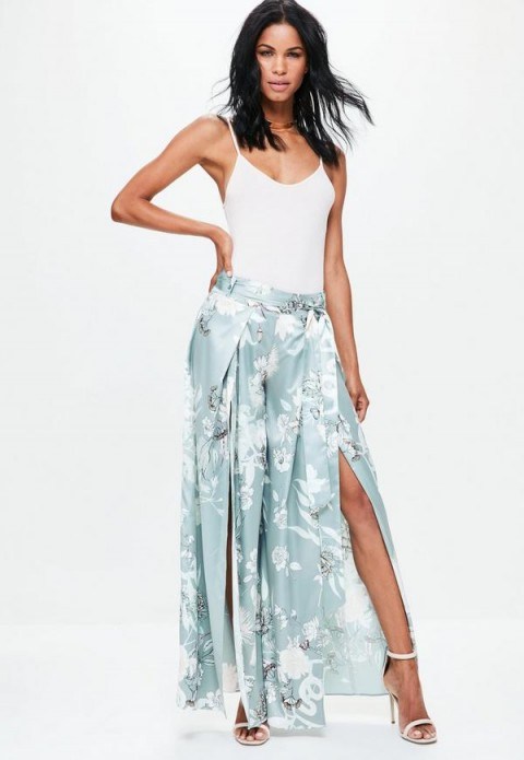 Missguided grey satin floral print split front wide leg trousers – floaty summer pants – luxe for less – silky fashion - flipped