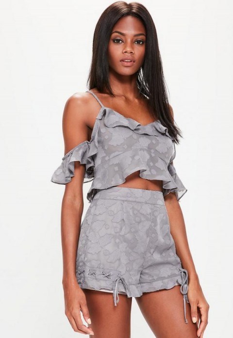missguided grey textured lace up detail ruffle hem shorts - flipped