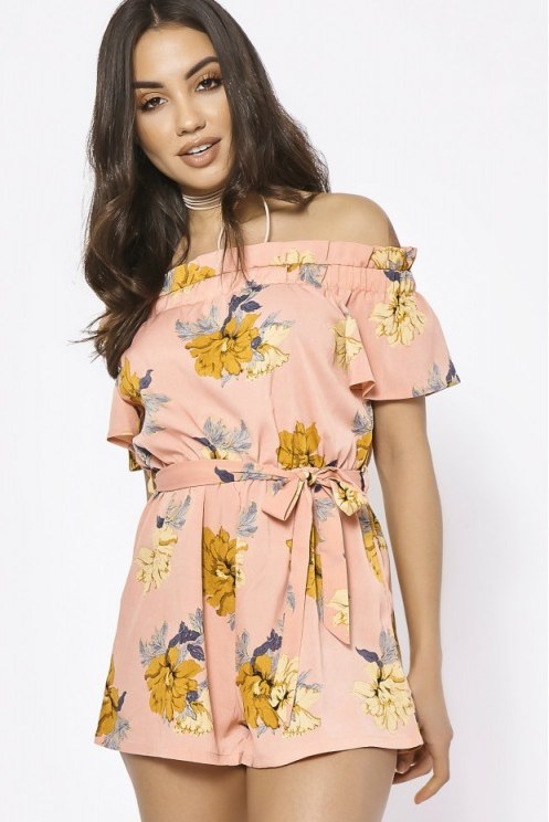 HANAH PINK FLORAL TIE WAIST BARDOT PLAYSUIT ~ off the shoulder playsuits/rompers - flipped