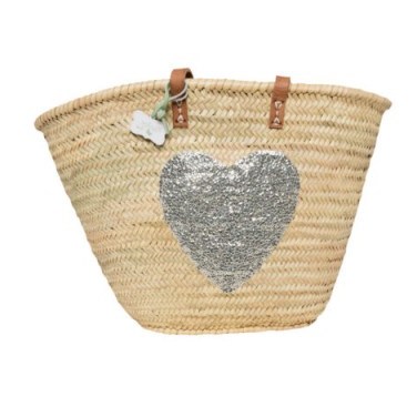 Le Papillon Vert French Basket: Emma Heart ~ sequin embellished baskets ~ summer bags ~ holiday beach accessories - flipped