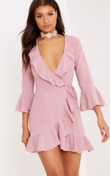 ILISHA DUSTY PINK FRILL WRAP DRESS ~ plunge front ruffle dresses ~ going out
