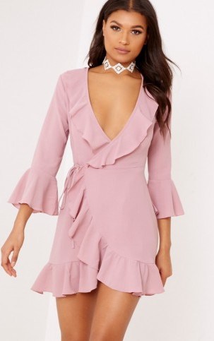 ILISHA DUSTY PINK FRILL WRAP DRESS ~ plunge front ruffle dresses ~ going out - flipped