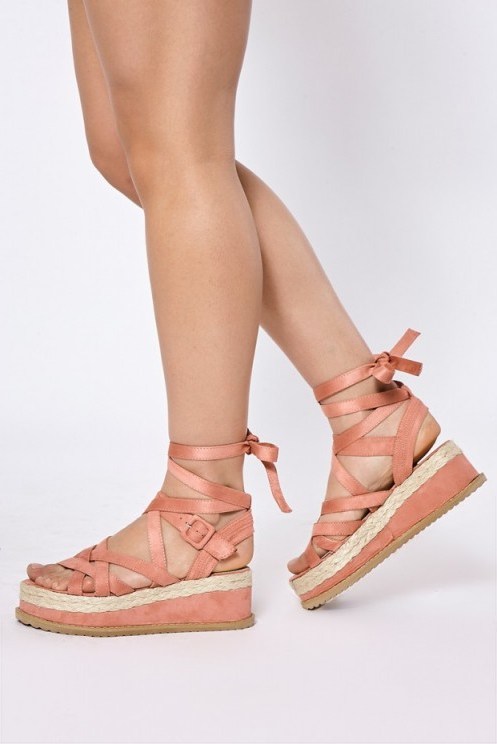 In The Style JAYLA PINK FAUX SUEDE CROSS ANKLE TIE PLATFORM ESPADRILLES ~ low heel strappy platforms ~ ankle wrap summer sandals - flipped