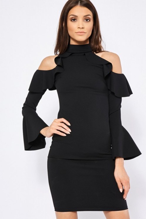 in the style KAIDENCE BLACK FRILL DETAIL BODYCON DRESS, chic lbd, evening cold shoulder dresses, high neck party fashion, fitted going out dresses - flipped