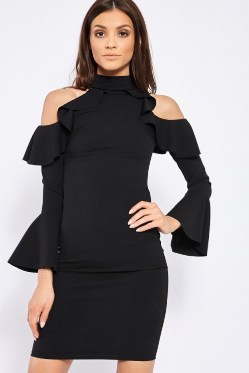 in the style KAIDENCE BLACK FRILL DETAIL BODYCON DRESS, chic lbd, evening cold shoulder dresses, high neck party fashion, fitted going out dresses