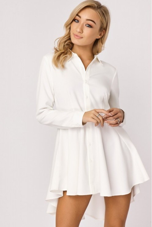 In The Style KARINA WHITE SKATER SHIRT DRESS ~ dip hem dresses ~ long sleeve fit and flare - flipped