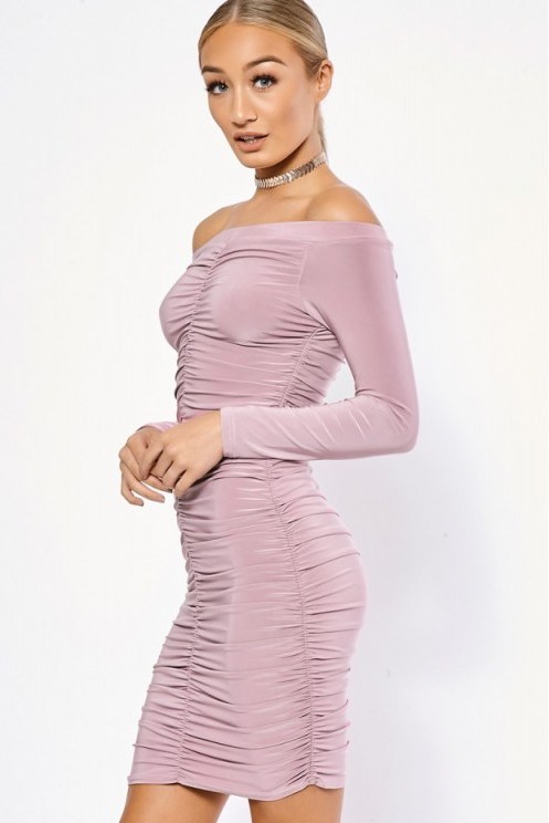 in the style KARRIE LILAC SLINKY RUCHED BARDOT BODYCON DRESS, off the shoulder evening dresses, fitted party fashion, going out glamour, glamorous style - flipped