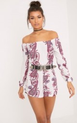 KENNIE PINK PAISEY PRINT BARDOT PLAYSUIT ~ off the shoulder playsuits ~ summer festival fashion