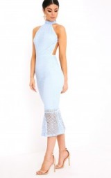 KYMMIE DUSTY BLUE LACE HIGH NECK MIDI DRESS ~ strappy back occasion dresses ~ glamorous party fashion