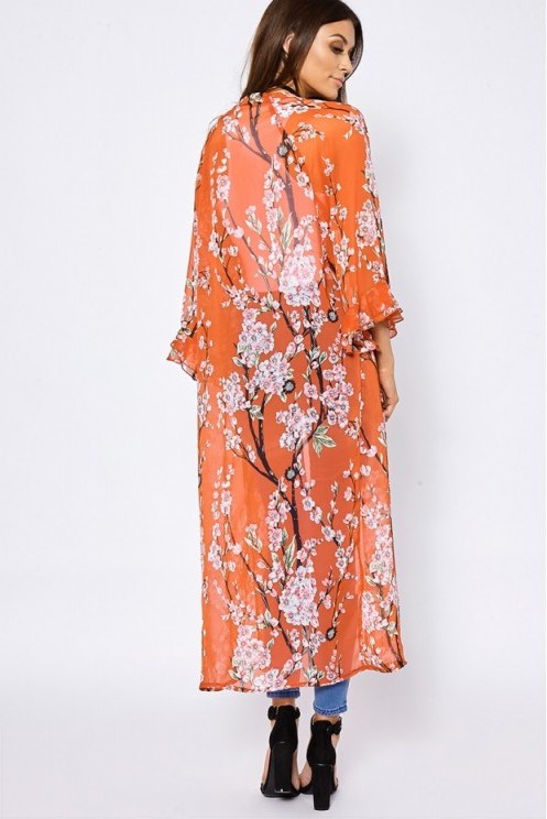 IN THE STYLE LAURISSA RUST FLORAL FRILL SLEEVE MAXI KIMONO ~ long floaty coats ~ oriental style ~ sheer kimonos - flipped