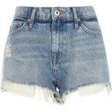 River Island light blue wash mid rise ripped hot pants ~ frayed denim shorts ~ casual summer fashion ~ distressed