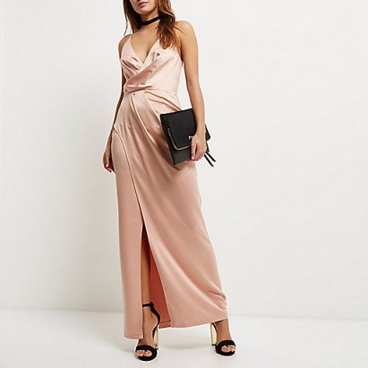 RIVER ISLAND Light pink plunge slit maxi dress ~ long silky evening dresses ~ going out glamour ~ plunging necklines ~ strappy fashion - flipped