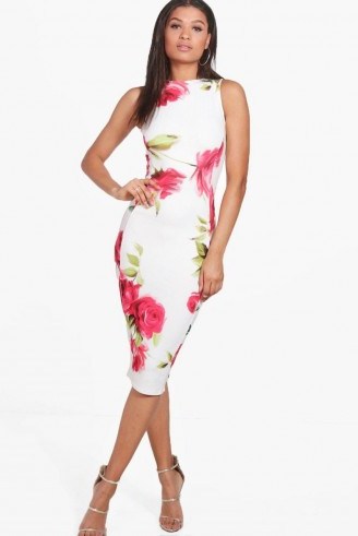 LUCY ROSE PRINT SLEEVELESS MIDI DRESS ~ boohoo night going out dresses ~ evening bodycon ~ sleeveless floral printed party dresses ~ fitted fashion - flipped