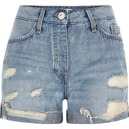 river island mid blue wash ripped boyfriend denim shorts ~ ripped/destroyed ~ casual summer fashion - flipped