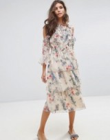 Miss Selfridge Floral Printed Ruffle Dress ~ flower print ruffle dresses ~ cold shoulder ~ midi ~ summer fashion ~ romantic