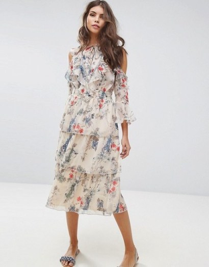 Miss Selfridge Floral Printed Ruffle Dress ~ flower print ruffle dresses ~ cold shoulder ~ midi ~ summer fashion ~ romantic - flipped