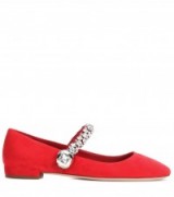 MIU MIU Red Suede Mary Janes with crystal embellishments ~ Luxe Mary Jane shoes ~ luxury flats