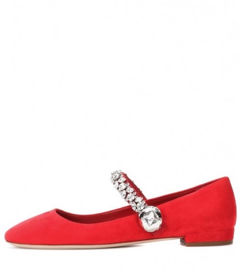 MIU MIU Red Suede Mary Janes with crystal embellishments ~ Luxe Mary Jane shoes ~ luxury flats - flipped