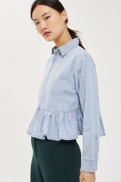 MOTO Frill Hem Shirt. Light blue denim shirts | peplum hem | frill hemline tops | casual fashion - flipped