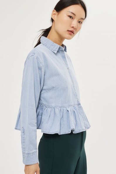 MOTO Frill Hem Shirt. Light blue denim shirts | peplum hem | frill hemline tops | casual fashion