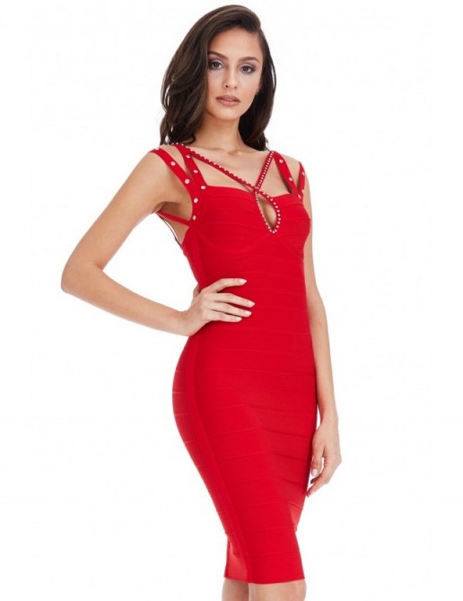 GODDIVA Red Multi Strap Bandage Dress with Diamante Detail ~ strappy bodycon dresses ~ party fashion ~ date night ~ evening wear - flipped