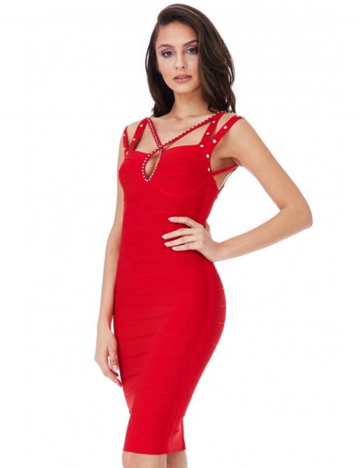 GODDIVA Red Multi Strap Bandage Dress with Diamante Detail ~ strappy bodycon dresses ~ party fashion ~ date night ~ evening wear