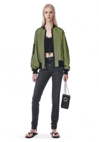 ALEXANDER WANG BRIGHT YELLOW NEON BOMBER JACKET WITH MESH OVERLAY. Designer jackets | casual luxe - flipped