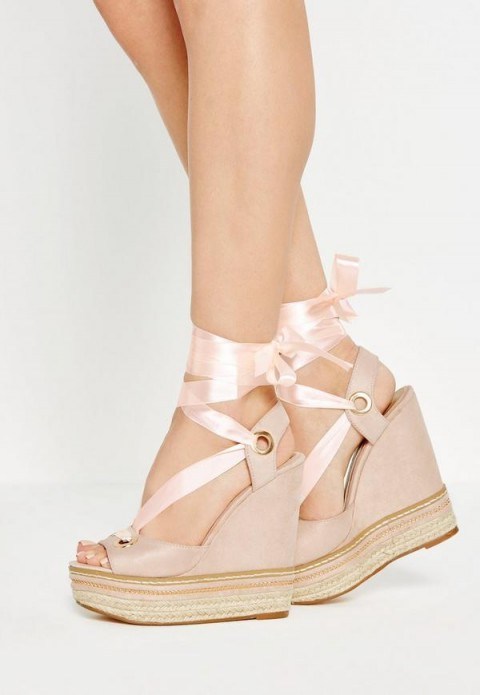 Missguided nude chain detail ribbon tie wedge sandals – summer wedges – platform wedged shoes – ankle wrap/peep toe – high heels – platforms - flipped