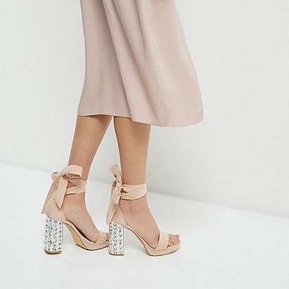 River Island Nude embellished tie up platform heels – ankle wrap block heel sandals – chunky high heeled barely there shoes - flipped