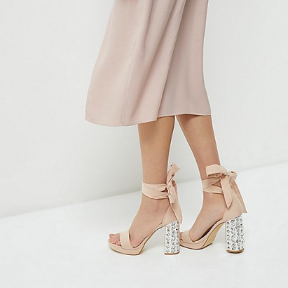 River Island Nude embellished tie up platform heels – ankle wrap block heel sandals – chunky high heeled barely there shoes